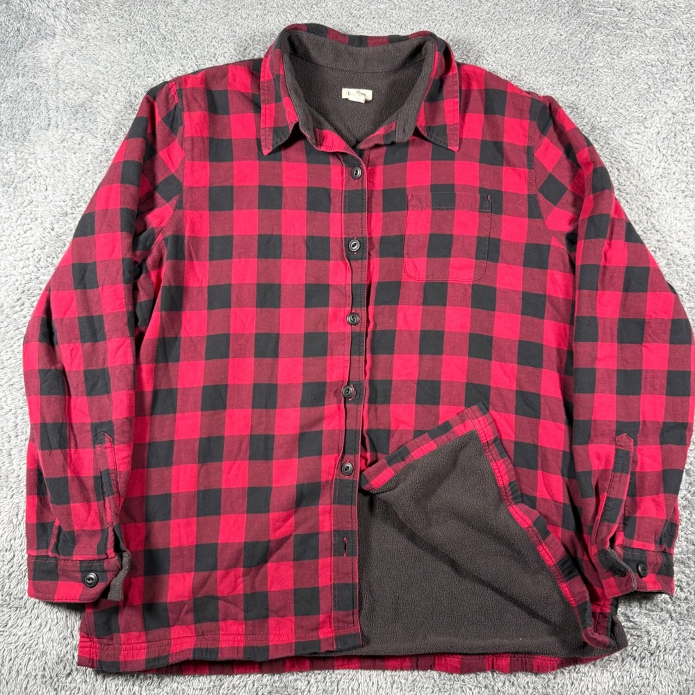 L.L. Bean Fleece Lined Flannel Shirt Women Large Red Buffalo Plaid Shacket